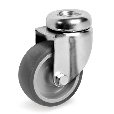 Ruote in gomma termoplastica grigia antitraccia, nucleo in polipropilene, supporto rotante foro passante