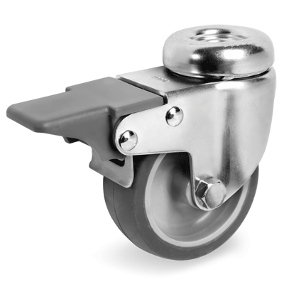 Ruote in gomma termoplastica grigia antitraccia, nucleo in polipropilene, supporto rotante foro passante con freno