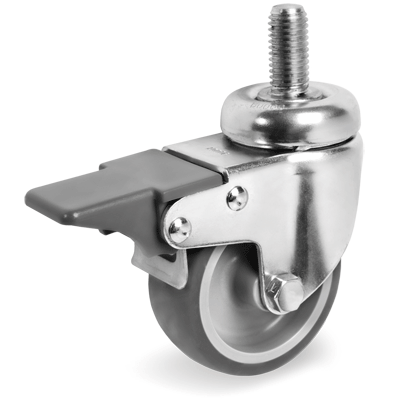 Ruote in gomma termoplastica grigia antitraccia, nucleo in polipropilene, supporto rotante codolo con freno