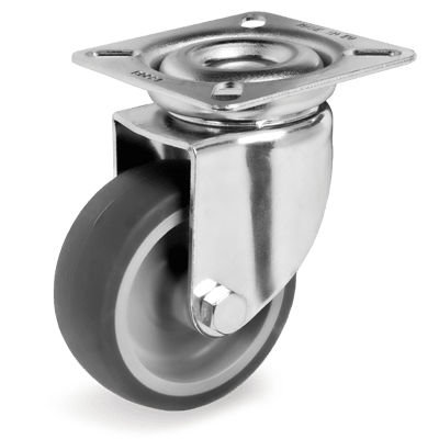 Ruote in gomma termoplastica grigia antitraccia, nucleo in polipropilene, supporto rotante piastra