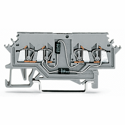Component terminal block, 4-conductor, for lamp test circuits up to 60 V, with 2 diodes 1N4007, Right-side anode, for DIN-rail 35 x 15 and 35 x 7.5, 1.5 mm², CAGE CLAMP®