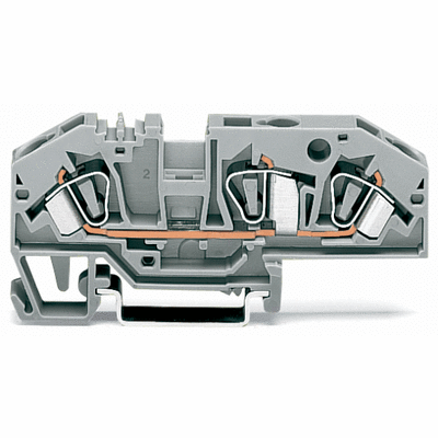 3-conductor through terminal block, 6 mm², with test option, same profile as 3-conductor disconnect terminal block, center marking, for DIN-rail 35 x 15 and 35 x 7.5, CAGE CLAMP®