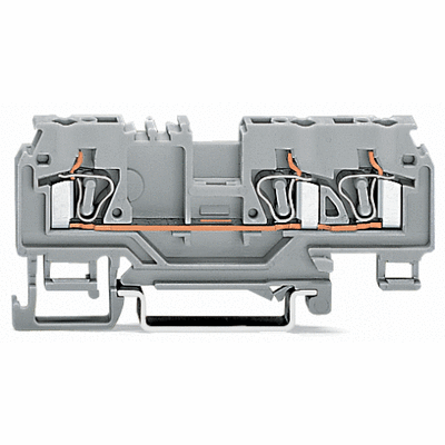 3-conductor through terminal block, 4 mm², with test port, without shield contact, center marking, for DIN-rail 35 x 15 and 35 x 7.5, CAGE CLAMP®