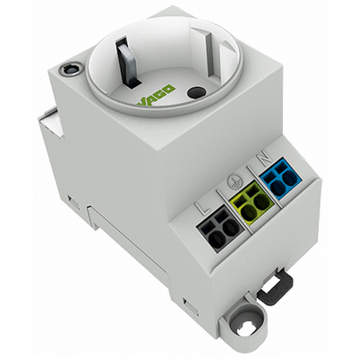 Presa per armadio elettrico, per montaggio a vite e su guida DIN, per spina, tipo F, CEE 7/4 (Schuko), comune in DE, NL, AT, con spia di stato LED, Con doppia connessione Cage Clamp tipo Push-in