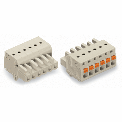 Female plug with snap-in mounting feet with built-in push buttons pin spacing 5 mm / 0.197 in 100% protected against mismating