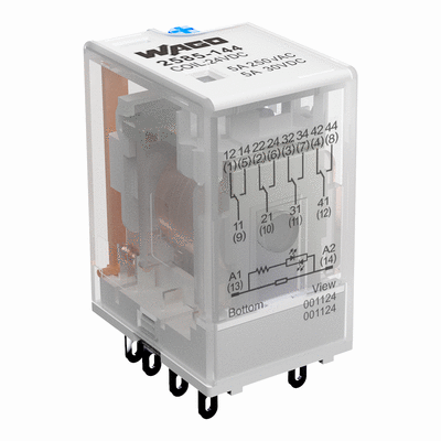 Elementarrelais, Eingangsnennspannung DC 24 V, 4 Wechsler, Grenzdauerstrom 5 A, mit Handbedienung, 21 mm Baubreite, 35 mm Bauhöhe