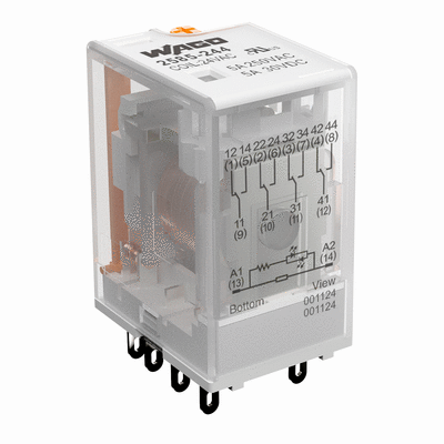 Elementarrelais, Eingangsnennspannung AC 24 V, 4 Wechsler, Grenzdauerstrom 5 A, mit Handbedienung, 21 mm Baubreite, 35 mm Baubreite