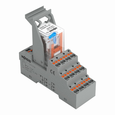 Relay module, Nominal input voltage: 24 VDC, 4 changeover contacts, Limiting continuous current: 5 A, with manual operation, Set of relay socket and elementary relay, Yellow status indicator, Module width: 31 mm