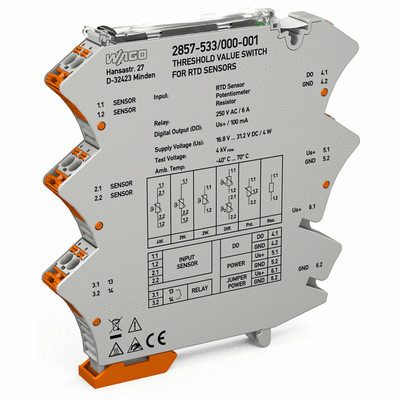 Relais à seuils, Capteurs RTD, 1T, Sortie digitale, Configuration par logiciel, Tension d'alimentation 24 V DC, Largeur 12,5 mm, Chemin de fer