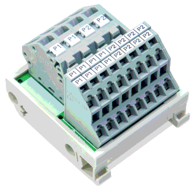 Potential distribution module, 2 potentials, with 2 input clamping points each, Conductor cross-section up to 6 mm², with 8 output clamping points each, Conductor cross-section up to 2.5 mm²