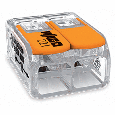 Verbindungsklemme mit Hebeln, für alle Leiterarten, max. 6 mm², 2 Leiter, Gehäusefarbe transparent, Umgebungstemperatur max. 85 °C (T85)