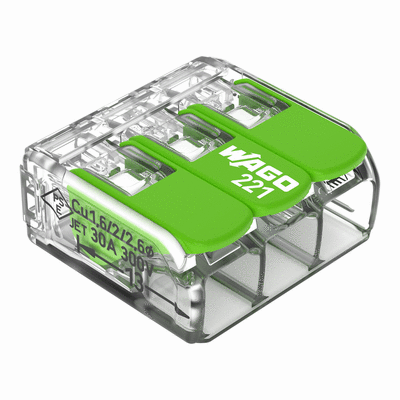 Verbindungsklemme mit Hebeln, für alle Leiterarten, max. 6 mm², 3 Leiter, Gehäusefarbe transparent, Umgebungstemperatur max. 85 °C (T85)