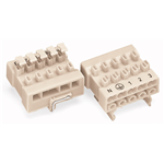 Power supply connector with snap-on foot and direct ground contact with push-buttons on the power supply side 5-pole