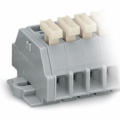 2-conductor terminal strip, on one side with push-buttons, with snap-in mounting feet, for plate thickness 0.6 - 1.2 mm, Fixing hole 3.5 mm Ø, 2.5 mm², CAGE CLAMP®