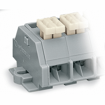 4-conductor terminal strip, on one side with push-buttons, with snap-in mounting feet, for plate thickness 0.6 - 1.2 mm, Fixing hole 3.5 mm Ø, 2.5 mm², CAGE CLAMP®