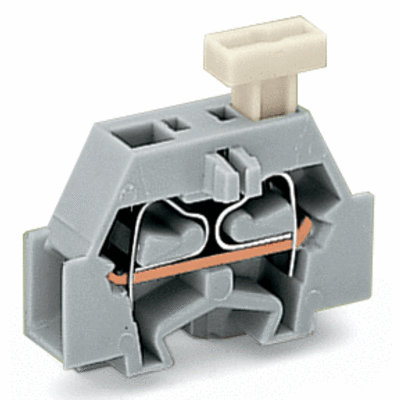 Space-saving, 2-conductor end terminal block, on one side with push-button, without protruding snap-in mounting foot, 1-pole, for terminal strips with snap-in mounting feet, 2.5 mm², CAGE CLAMP®
