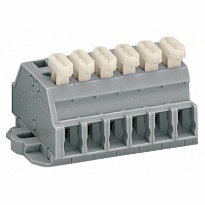 Morsettiera per 2 conduttori, su un lato con pulsanti, con flange di fissaggio, per versioni di montaggio a vite o similari, Foro di fissaggio Ø 3,2 mm, 2,5 mm², CAGE CLAMP®