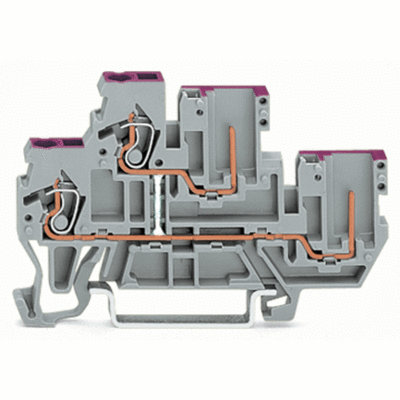 Borna base de doble piso, 2 conductores/2 pines, Borna de paso para 2 conductores/2 pines, 2.5 mm², Neutro, puenteo interno, Introducción del conductor con impresión violeta, para carril DIN 35 x 15 y 35 x 7.5, CAGE CLAMP®