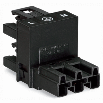 h-distribution connector, 3-pole, Cod. A, 1 input, 2 outputs, outputs on one side, 2 locking levers