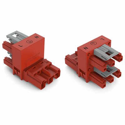 h-distribution connector, 3-pole, Cod. P, 1 input, 2 outputs, outputs on one side, 2 locking levers