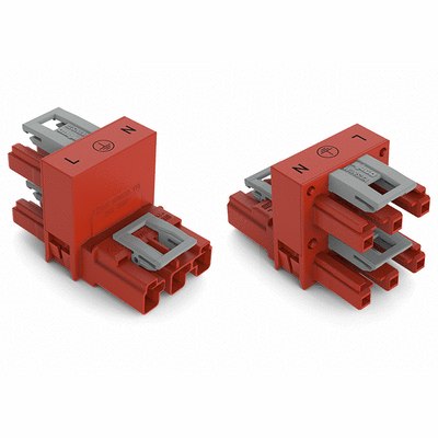 h-distribution connector, 3-pole, Cod. P, 1 input, 2 outputs, outputs on one side, 3 locking levers, for flying leads