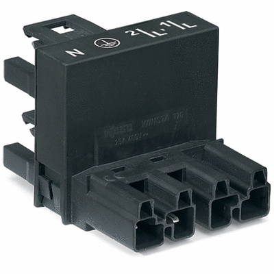 h-distribution connector, 4-pole, Cod. A, 1 input, 2 outputs, outputs on one side, 2 locking levers