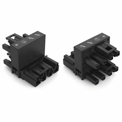 h-distribution connector, 4-pole, Cod. A, 1 input, 2 outputs, outputs on one side, 3 locking levers, for flying leads