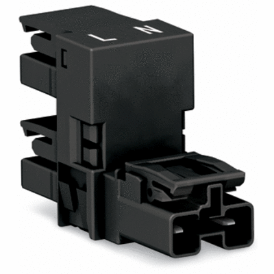 h-distribution connector, 2-pole, Cod. A, 1 input, 2 outputs, outputs on one side, 3 locking levers, for flying leads