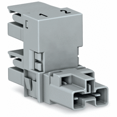 h-distribution connector, 2-pole, Cod. B, 1 input, 2 outputs, outputs on one side, 2 locking levers