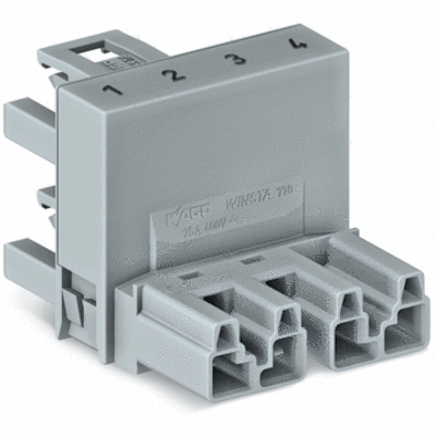 h-distribution connector, 4-pole, Cod. B, 1 input, 2 outputs, outputs on one side, 2 locking levers