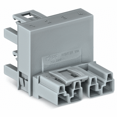 h-distribution connector, 4-pole, Cod. B, 1 input, 2 outputs, outputs on one side, 3 locking levers, for flying leads