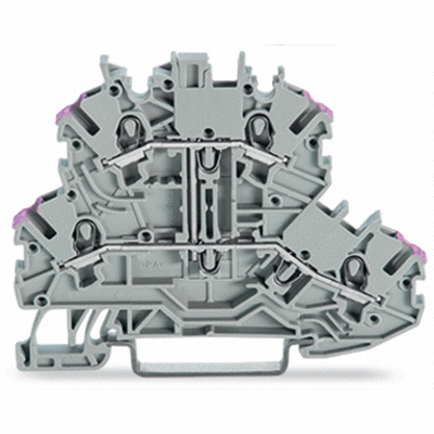 Borna de doble piso, Borna de paso para 4 conductores, L, sin porta-etiquetas, puenteo interno, Introducción del conductor con impresión violeta, para carril DIN 35 x 15 y 35 x 7,5, Push-in CAGE CLAMP®