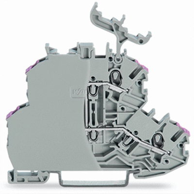 Borna de doble piso, Borna de paso para 4 conductores, con placa final, L, con porta-etiquetas, puenteo interno, Introducción del conductor con impresión violeta, para carril DIN 35 x 15 y 35 x 7,5, Push-in CAGE CLAMP®
