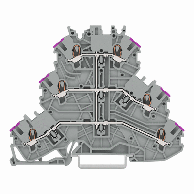 Borna de tres pisos, Borna de paso para 6 conductores, L, sin porta-etiquetas, Apropiado para aplicaciones Ex&nbsp;e II, puenteo interno, Introducción del conductor con impresión violeta, para carril DIN 35 x 15 y 35 x 7,5, 1 mm², Push-in CAGE CLAMP®