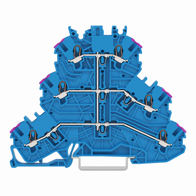 Borna de tres pisos, Borna de paso para 6 conductores, Neutro, sin porta-etiquetas, Apropiado p. aplicaciones Ex e II y Ex i, puenteo interno, Introducción del conductor con impresión violeta, para carril DIN 35 x 15 y 35 x 7,5, 1 mm², Push-in CAGE CLAMP®