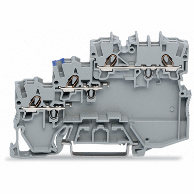 3-conductor actuator supply terminal block, for PNP-(high-side) switching actuators, with ground connection via push-in type jumper bars, with colored conductor entries, 1 mm², Push-in CAGE CLAMP®