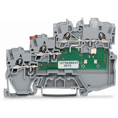 3-conductor actuator supply terminal block, LED (yellow), for NPN-(low-side) switching actuators, with ground connection via push-in type jumper bars, 1 mm², Push-in CAGE CLAMP®