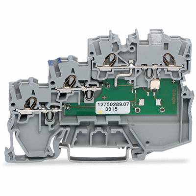 3-conductor actuator supply terminal block, LED (yellow), for PNP-(high-side) switching actuators, with ground connection via push-in type jumper bars, 1 mm², Push-in CAGE CLAMP®