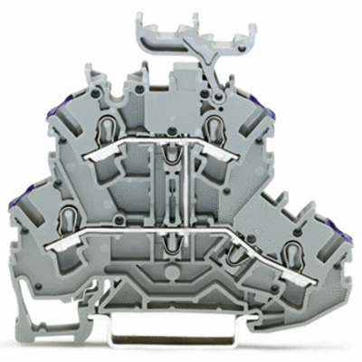 Borna de doble piso, Borna de paso para 4 conductores, L, con porta-etiquetas, Apropiado para aplicaciones Ex&nbsp;e II, puenteo interno, Introducción del conductor con impresión violeta, para carril DIN 35 x 15 y 35 x 7,5, 2,5 mm², Push-in CAGE CLAMP®