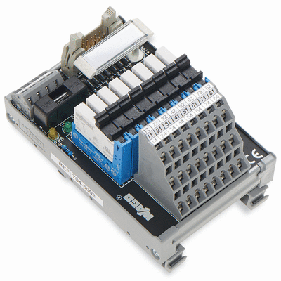 Interface module for system wiring, Pluggable connector per DIN 41651, Male connector, 10-pole, 8-channel relay output, 1 changeover contact, 1 x cut-out, Triple-deck PCB terminal blocks, in mounting carrier
