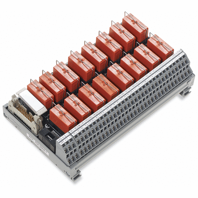 Interface module for system wiring, Pluggable connector per DIN 41651, Male connector, 10-pole, 8-channel relay output, 1 changeover contact, Triple-deck PCB terminal blocks, with manual operation, in mounting carrier