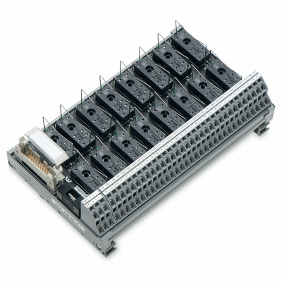 Interface module for system wiring, Pluggable connector per DIN 41651, Male connector, 20-pole, 16-channel relay output, 1 changeover contact, 1 x cut-out, Double-deck PCB terminal blocks, without relay, in mounting carrier