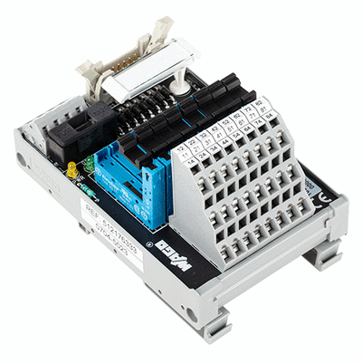 Interface module for system wiring, Pluggable connector per DIN 41651, Male connector, 10-pole, 8-channel relay output, 1 changeover contact, Triple-deck PCB terminal blocks, without relay, in mounting carrier