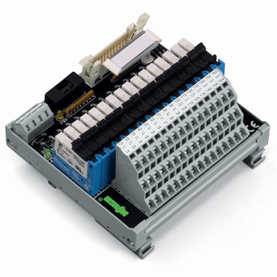 Interface module for system wiring, Pluggable connector per DIN 41651, Male connector, 20-pole, 16-channel relay output, 1 changeover contact, Triple-deck PCB terminal blocks, in mounting carrier