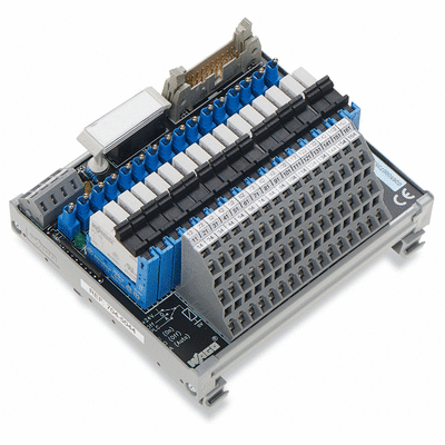 Interface module for system wiring, Pluggable connector per DIN 41651, Male connector, 20-pole, 16-channel relay output, 1 changeover contact, 1 x cut-out, Triple-deck PCB terminal blocks, with manual operation, in mounting carrier