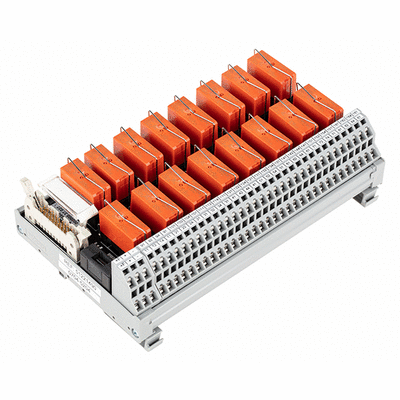 Interface module for system wiring, Pluggable connector per DIN 41651, Male connector, 20-pole, 16-channel relay output, 1 changeover contact, Double-deck PCB terminal blocks, for DC loads, in mounting carrier