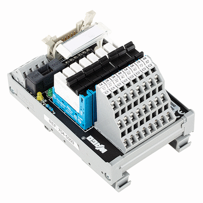 Interface module for system wiring, Pluggable connector per DIN 41651, Male connector, 10-pole, 8-channel relay output, 1 changeover contact, Triple-deck PCB terminal blocks, in mounting carrier