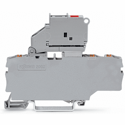Morsetto con fusibile per 3 conduttori, con portafusibile pivotante, con piastra terminale, per fusibile miniaturizzato 5 x 20 mm, con pulsante, con indicazione di fusibile guasto con LED, 30 - 65 V, per guida DIN 35 x 15 e 35 x 7.5, 2.5 mm², Push-in CAGE