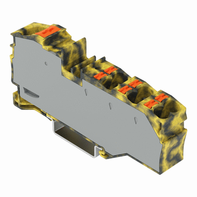 Distribution terminal block, with push-button, 1 x 16 mm² / 6 x 4 mm², with integrated end plate, suitable for Ex e II applications, side and center marking, for DIN-rail 35 x 15 and 35 x 7.5, Push-in CAGE CLAMP®