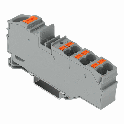 Distribution terminal block, with push-button, 1 x 16 mm² / 6 x 4 mm², with integrated end plate, suitable for Ex e II applications, side and center marking, for DIN-rail 35 x 15 and 35 x 7.5, Push-in CAGE CLAMP®